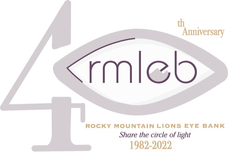 An image graphic where the number 40 dominates the design. The 0 in the 40 uses the eye-shape logo of the Rocky Mountain Lions Eye Bank. Text reads: 40th Anniversary. RMLEB. Rocky Mountain Lions Eye Bank. Share the circle of light. 1982-2022.